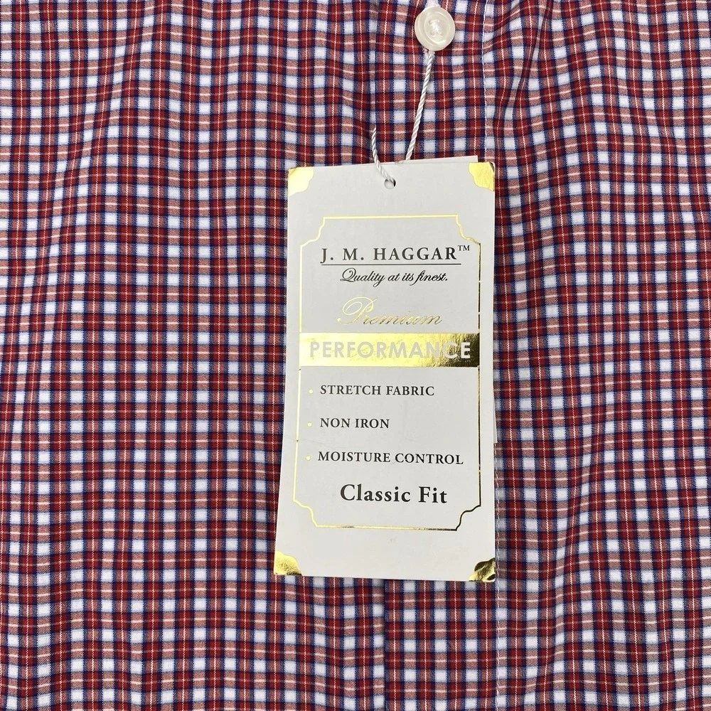 J. M. Haggar Premium Performance Shirt Mens 16.5-36/37 Red Checks No Iron NWT!